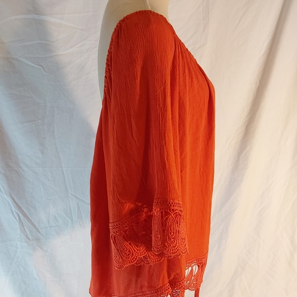 Cato Women Plus Crocheted Trim Top. Orange on or off shoulder Top - Picture 8 of 9